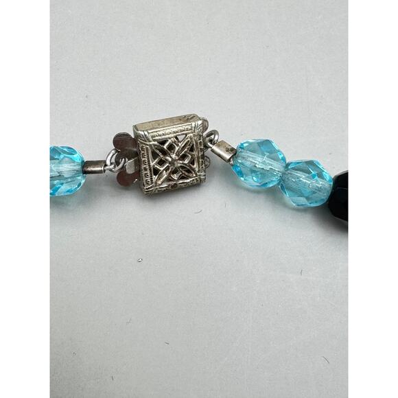 Vintage Turquoise & Black Glass Bead Necklace w/Sterling Silver Clasp - Picture 7 of 11